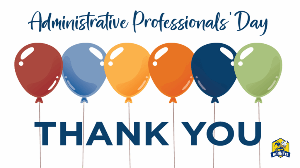 Balloons suspended by a string in multiple colors with the words Administrative Professionals' Day along the top and thank you along the bottom.